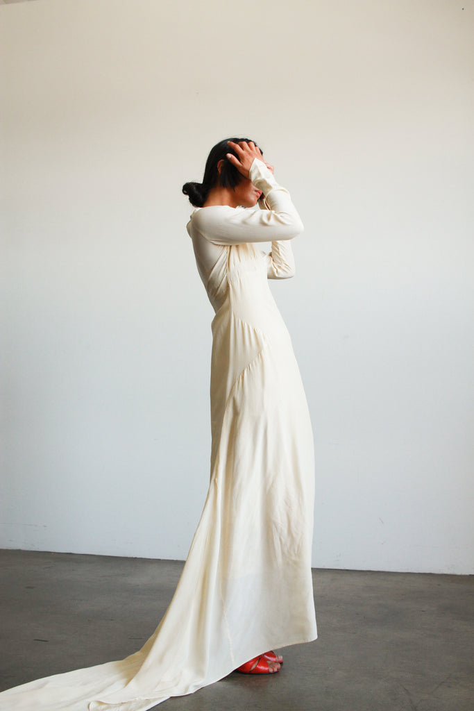 1930s Ecru Silk Bias Long Sleeve Gown Blossom Vintage 1930s Ecru Silk Bias Long Sleeve Gown Blossom Vintage