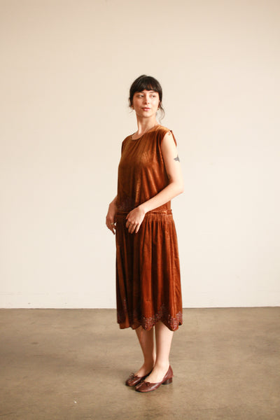 1920s Bronze Copper Silk Velvet Beaded Dress