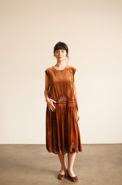 1920s Bronze Copper Silk Velvet Beaded Dress