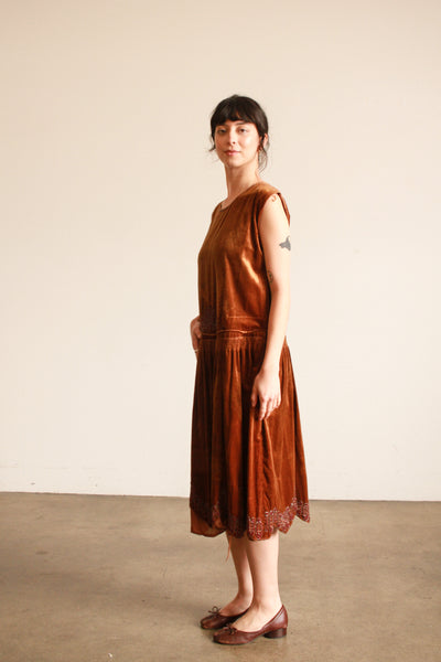 1920s Bronze Copper Silk Velvet Beaded Dress