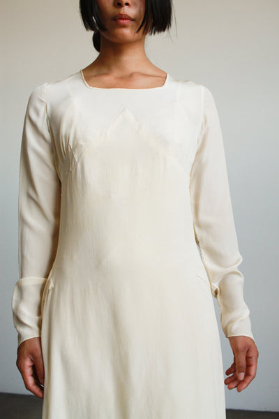 1930s Ecru Silk Bias Long Sleeve Gown