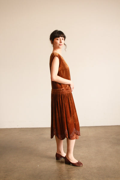 1920s Bronze Copper Silk Velvet Beaded Dress