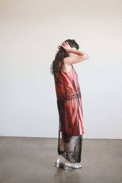 1920s Black Mesh Lace Beaded Tunic Dress