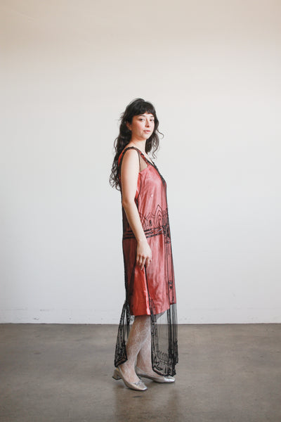 1920s Black Mesh Lace Beaded Tunic Dress