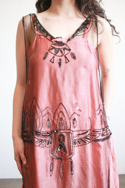 1920s Black Mesh Lace Beaded Tunic Dress