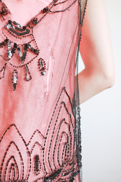 1920s Black Mesh Lace Beaded Tunic Dress