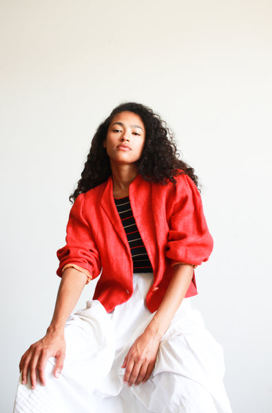 1980s Linen Coral Red Batwing Jacket