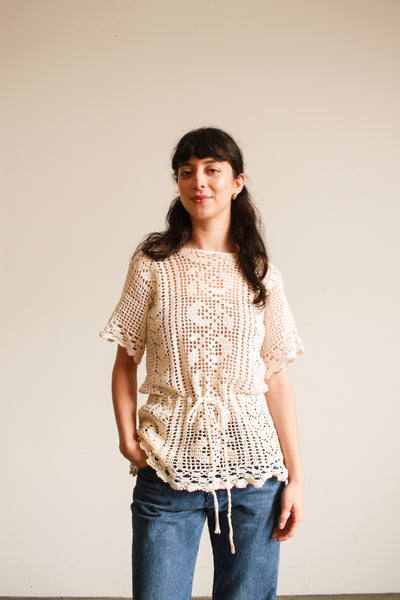 1970s Ecru Cotton Crochet Waist Tie Blouse