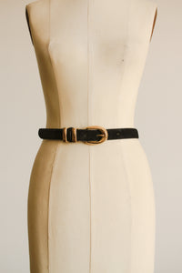 1980s Black Suede Gold Buckle Belt