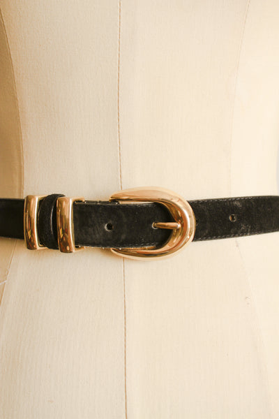 1980s Black Suede Gold Buckle Belt