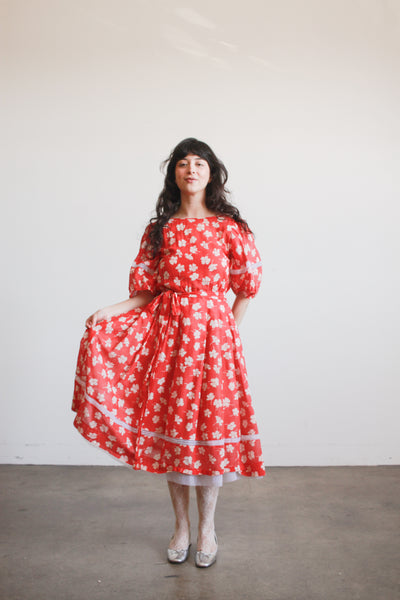 1980s Nipon Boutique Poppy Cotton Floral Puff Sleeve Dress