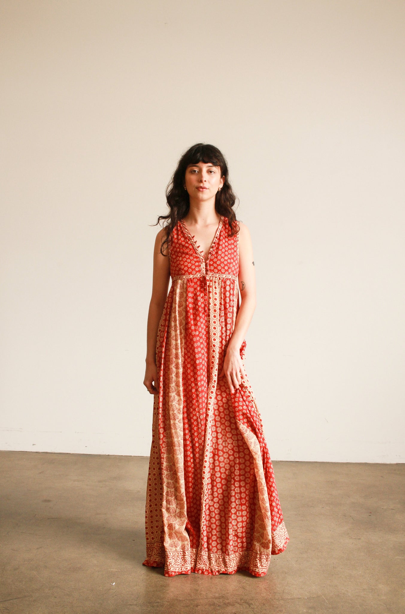 1970s Red Block Print Indian Cotton Maxi Dress