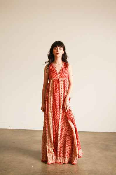 1970s Red Block Print Indian Cotton Maxi Dress