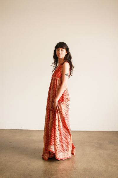 1970s Red Block Print Indian Cotton Maxi Dress