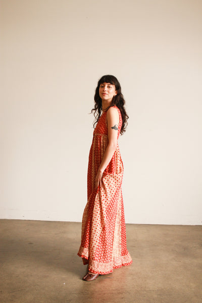 1970s Red Block Print Indian Cotton Maxi Dress