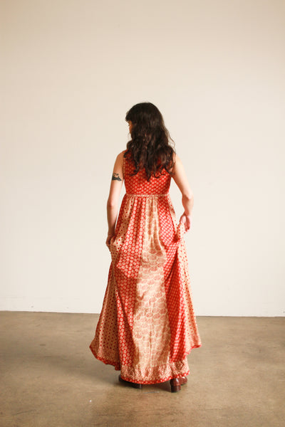 1970s Red Block Print Indian Cotton Maxi Dress