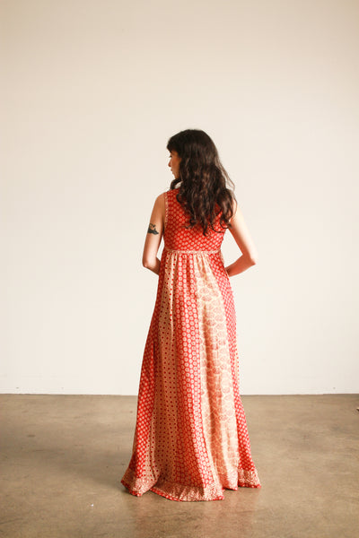 1970s Red Block Print Indian Cotton Maxi Dress