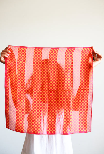 1990s Red Silk Checkered Scarf