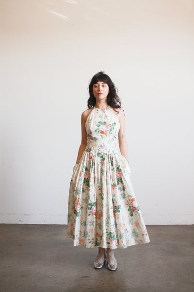 1980s Cotton Floral Halter Dress