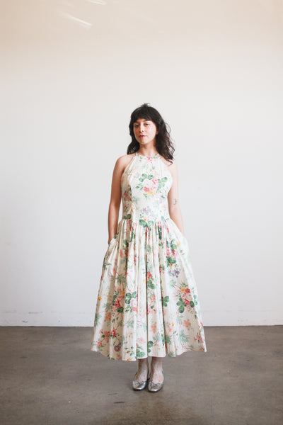 1980s Cotton Floral Halter Dress