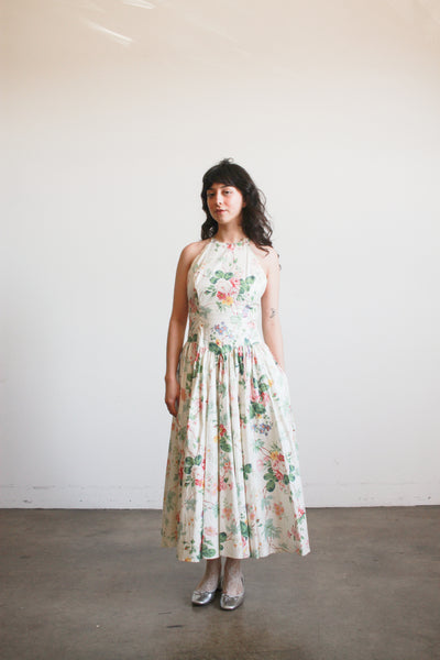 1980s Cotton Floral Halter Dress