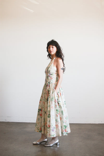1980s Cotton Floral Halter Dress