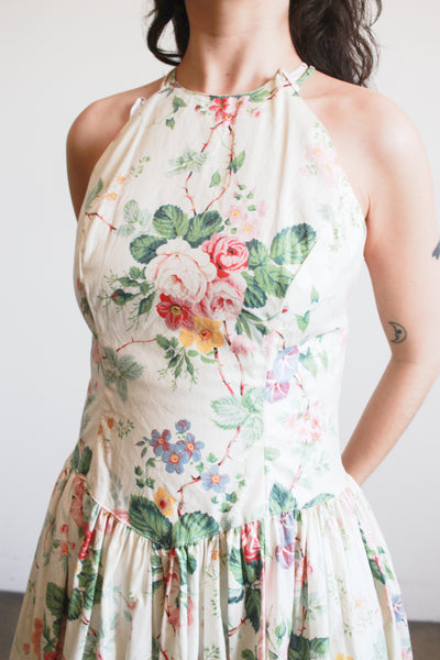 1980s Cotton Floral Halter Dress