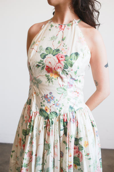 1980s Cotton Floral Halter Dress