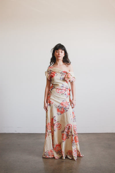 1930s Beige Floral Drop Waist Puff Sleeve Gown