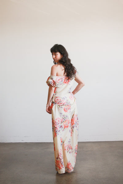 1930s Beige Floral Drop Waist Puff Sleeve Gown
