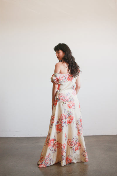 1930s Beige Floral Drop Waist Puff Sleeve Gown