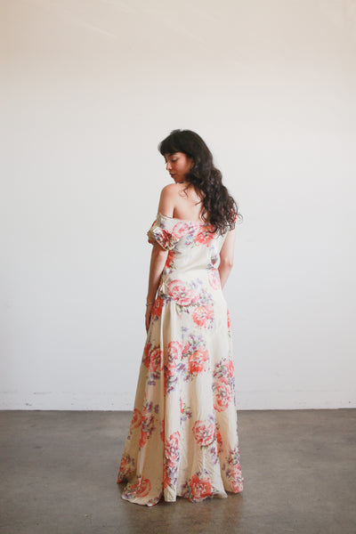1930s Beige Floral Drop Waist Puff Sleeve Gown
