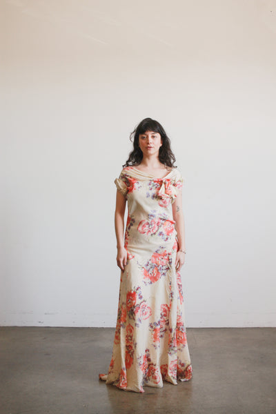 1930s Beige Floral Drop Waist Puff Sleeve Gown