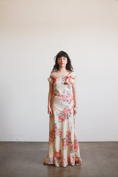 1930s Beige Floral Drop Waist Puff Sleeve Gown