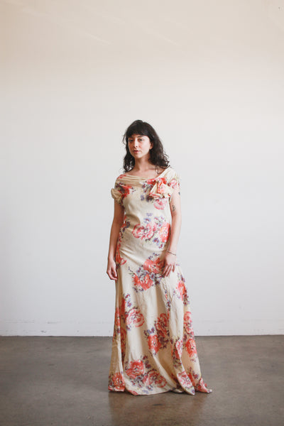 1930s Beige Floral Drop Waist Puff Sleeve Gown