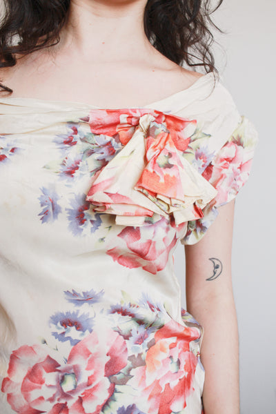 1930s Beige Floral Drop Waist Puff Sleeve Gown