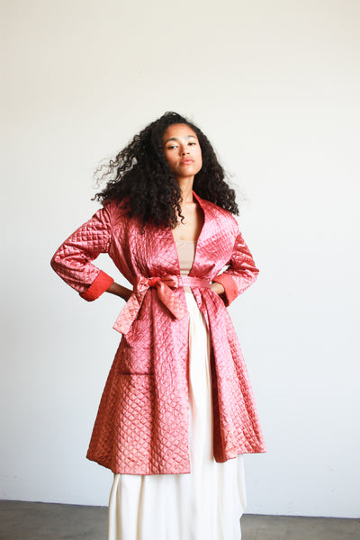 1970s Rose Satin Quilted Robe Wrap Dress