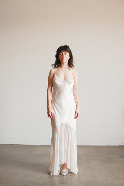 1990s Ecru Satin Sheer Paneled Bias Dress