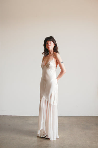 1990s Ecru Satin Sheer Paneled Bias Dress