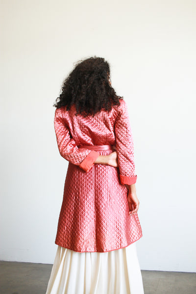 1970s Rose Satin Quilted Robe Wrap Dress