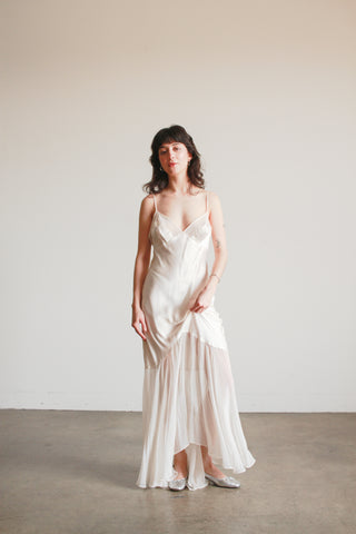1990s Ecru Satin Sheer Paneled Bias Dress