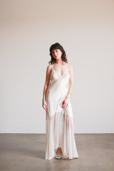 1990s Ecru Satin Sheer Paneled Bias Dress