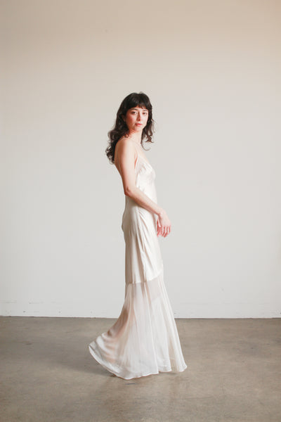1990s Ecru Satin Sheer Paneled Bias Dress