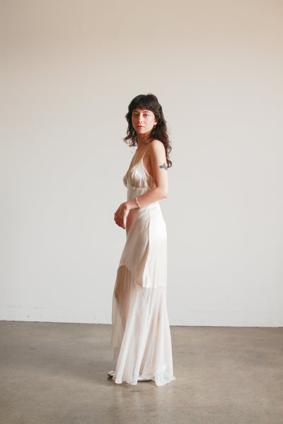 1990s Ecru Satin Sheer Paneled Bias Dress