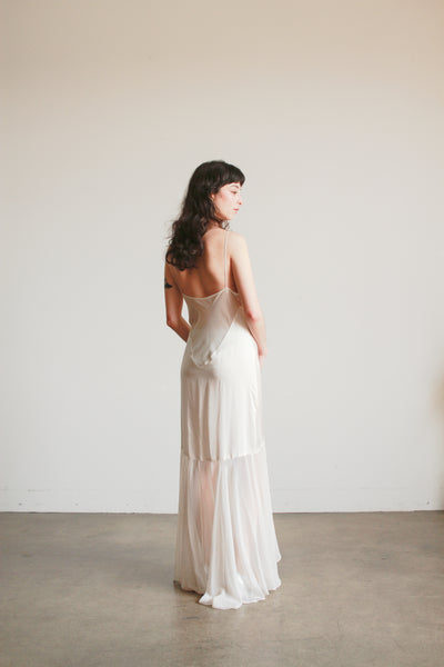 1990s Ecru Satin Sheer Paneled Bias Dress