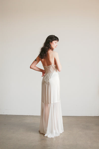 1990s Ecru Satin Sheer Paneled Bias Dress