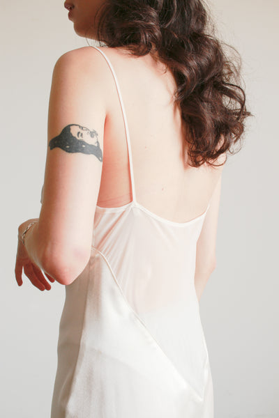 1990s Ecru Satin Sheer Paneled Bias Dress