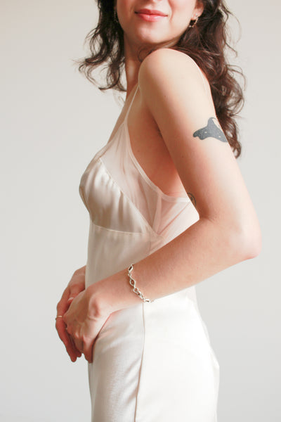 1990s Ecru Satin Sheer Paneled Bias Dress