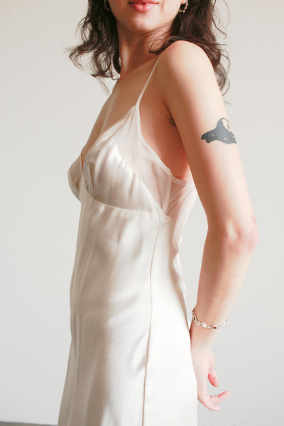 1990s Ecru Satin Sheer Paneled Bias Dress