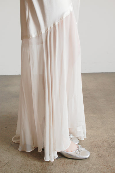 1990s Ecru Satin Sheer Paneled Bias Dress